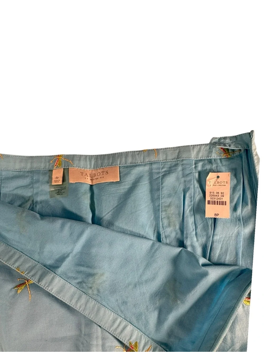 Talbots Petites Dragonfly Embroidered A-Line Skirt Blue Cotton 8P NWT